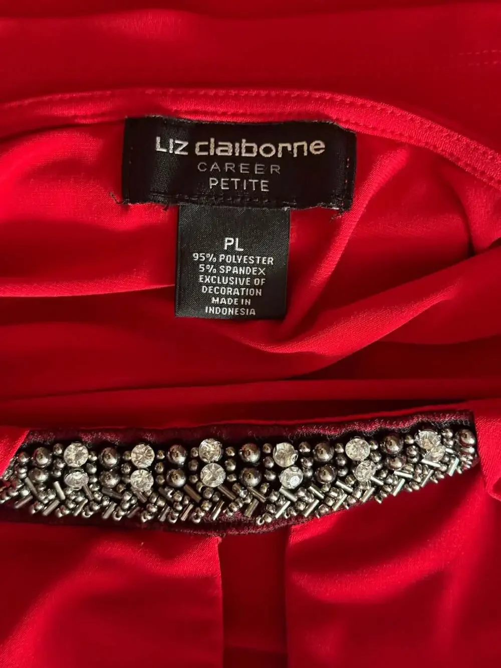 Liz Claiborne Career Petite Red 3/4 Sleeve Embellished Neckline Blouse - Picture 4 of 4